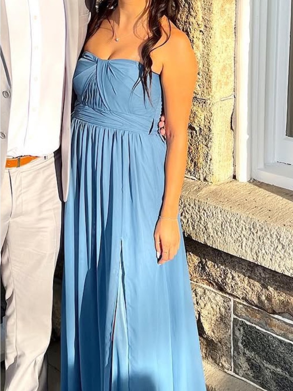 Birdy Grey Dusty Blue Strapless Maxi Dress with Front Slit